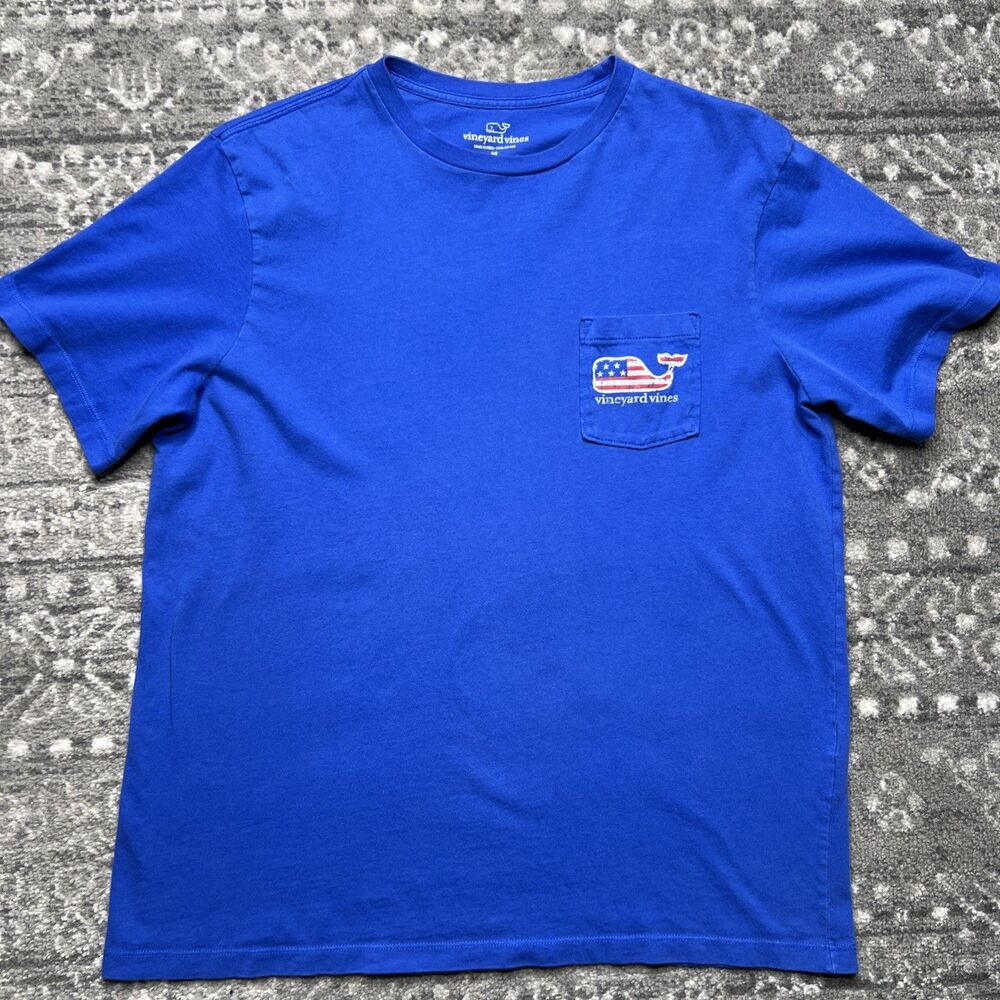Vineyard Vines Men's American Flag Happy Whale Pocket T-Shirt Medium Blue